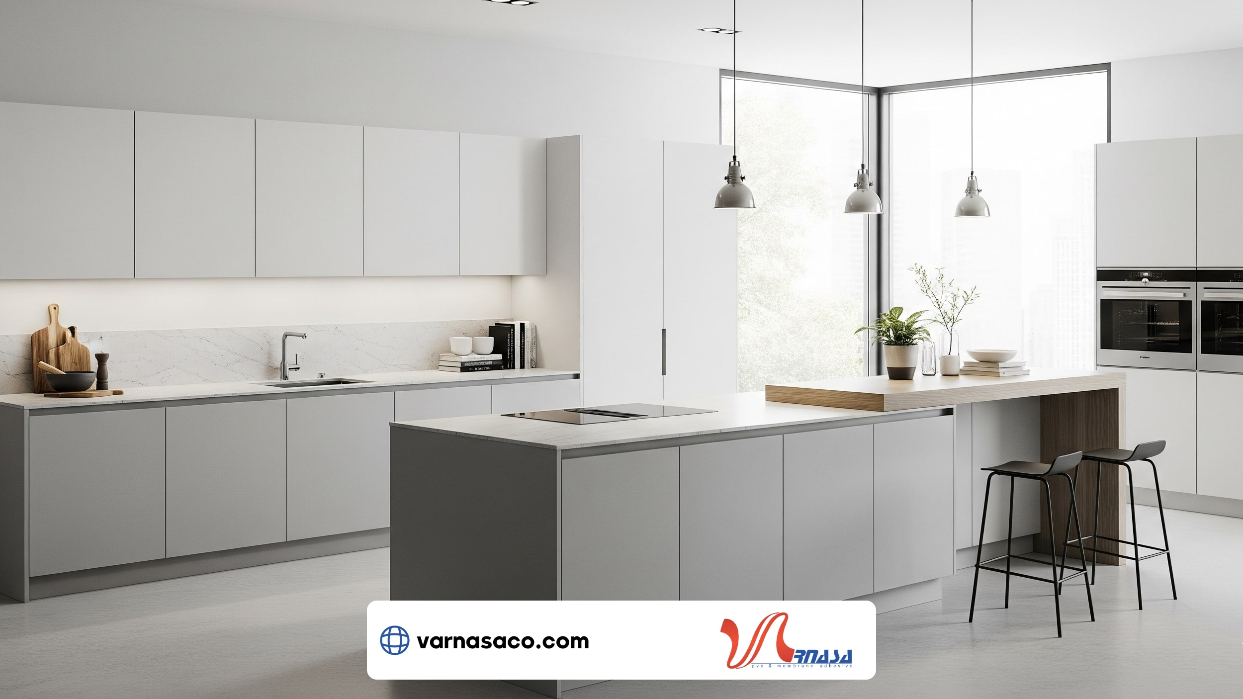 کابینت آشپزخانه مدرن سفید و طوسی با طراحی مینیمال