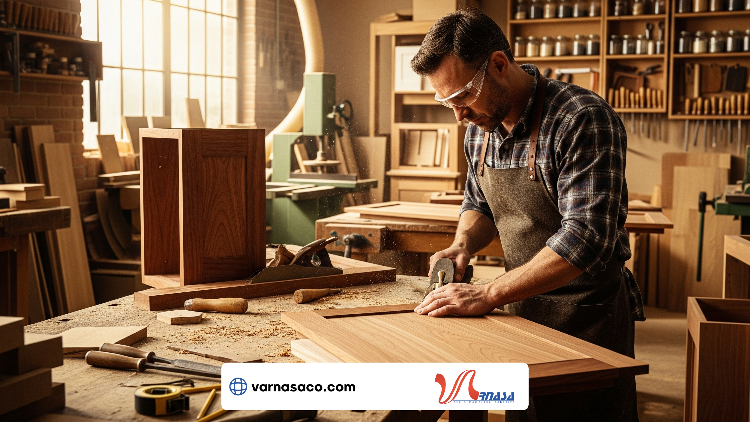 کابینت‌ساز در حال ساخت کابینت آشپزخانه