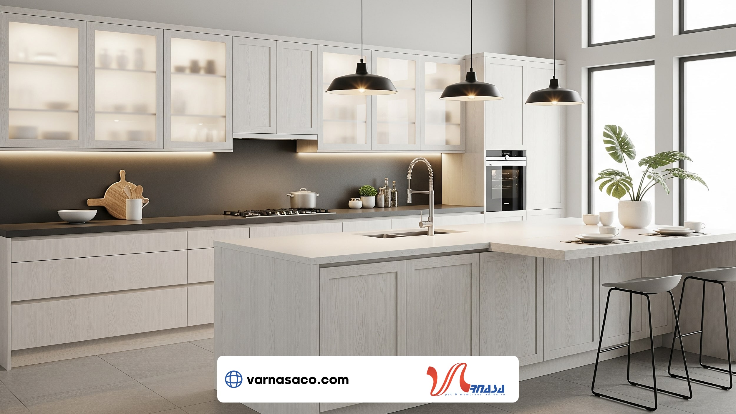 طراحی کامل کابینت آشپزخانه مدرن با جزیره و نورپردازی