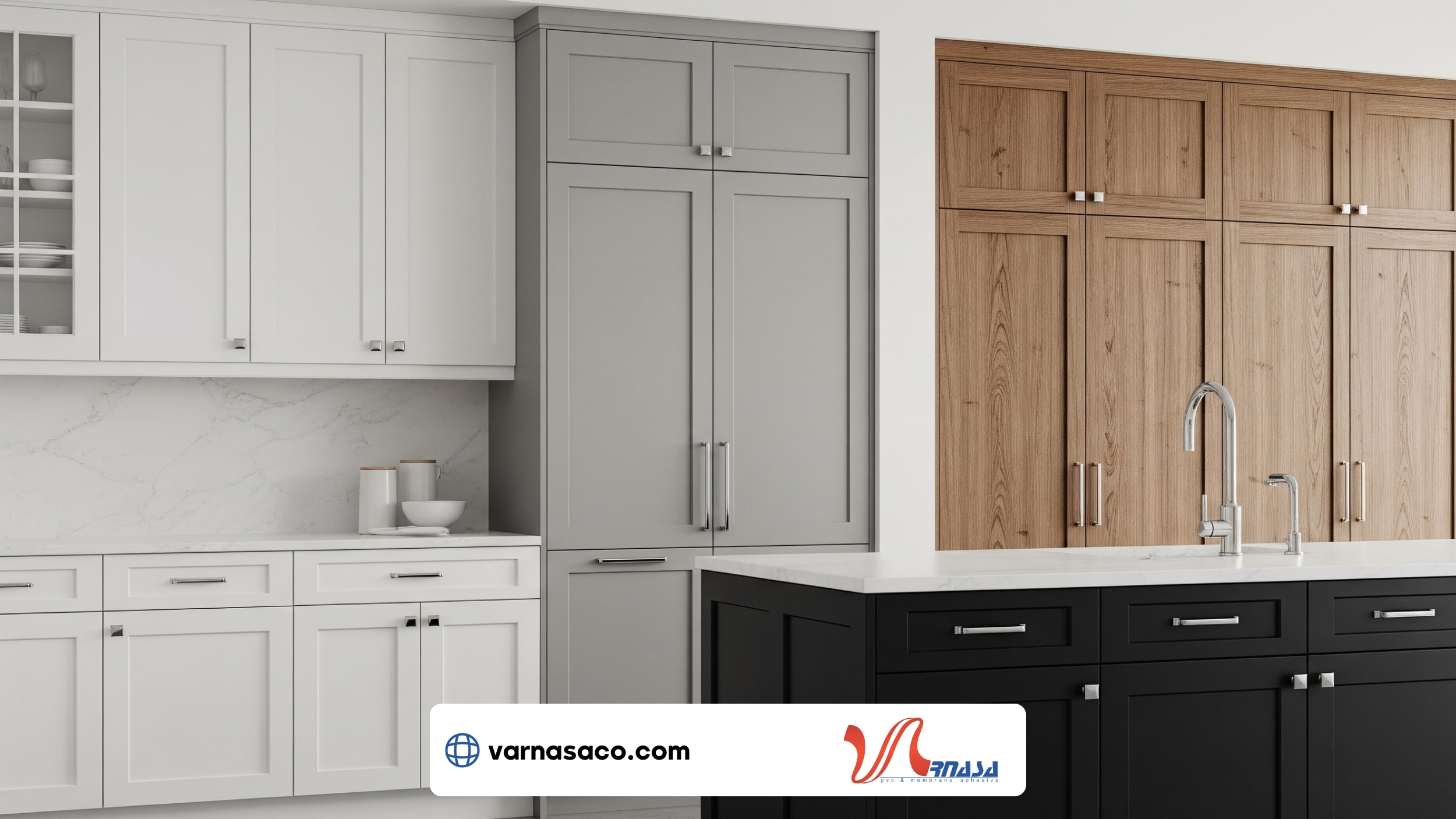 ترکیب رنگ‌های محبوب کابینت مدرن شامل سفید، طوسی، مشکی و چوبی