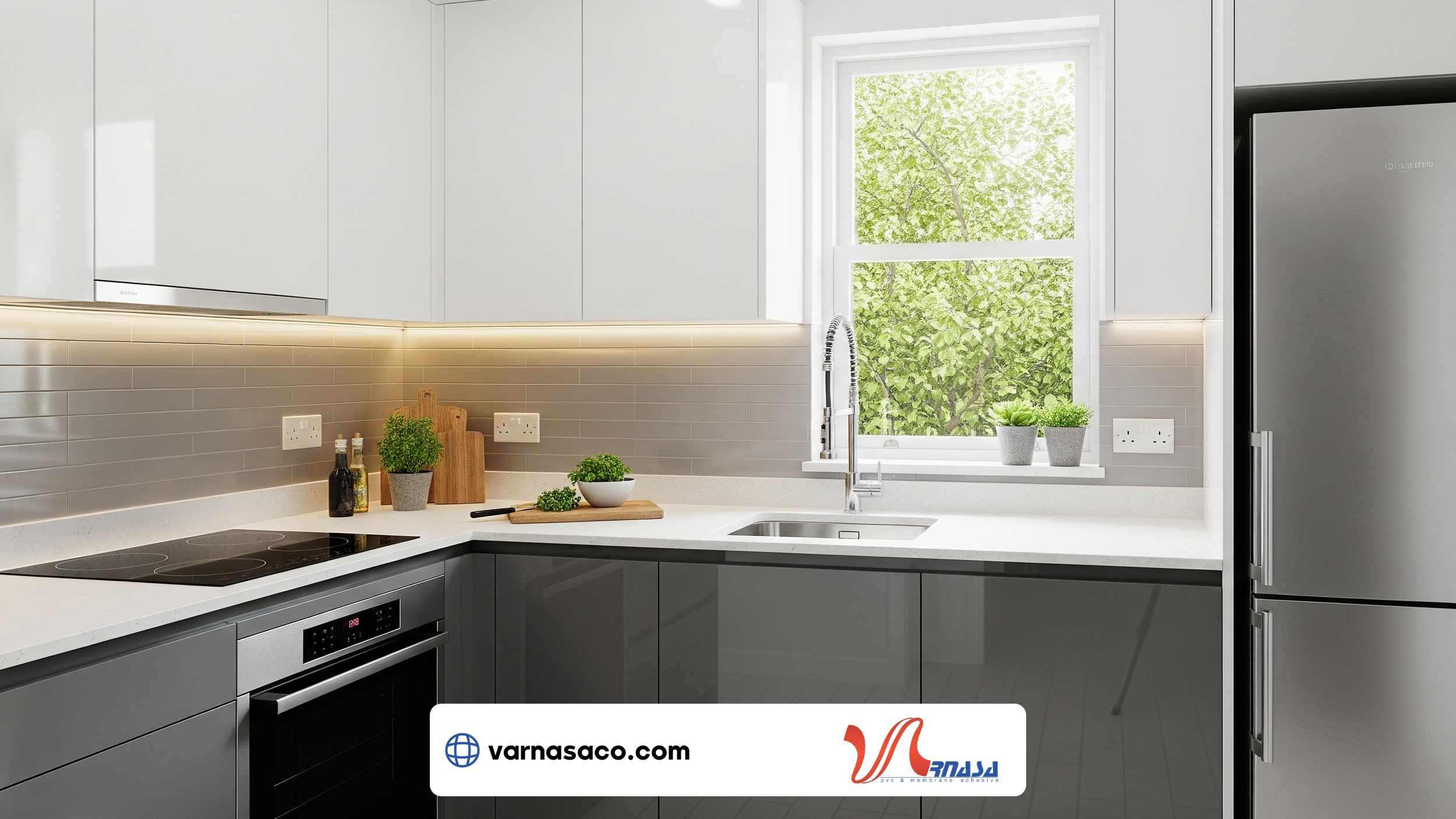 کابینت مدرن سفید و طوسی برای آشپزخانه