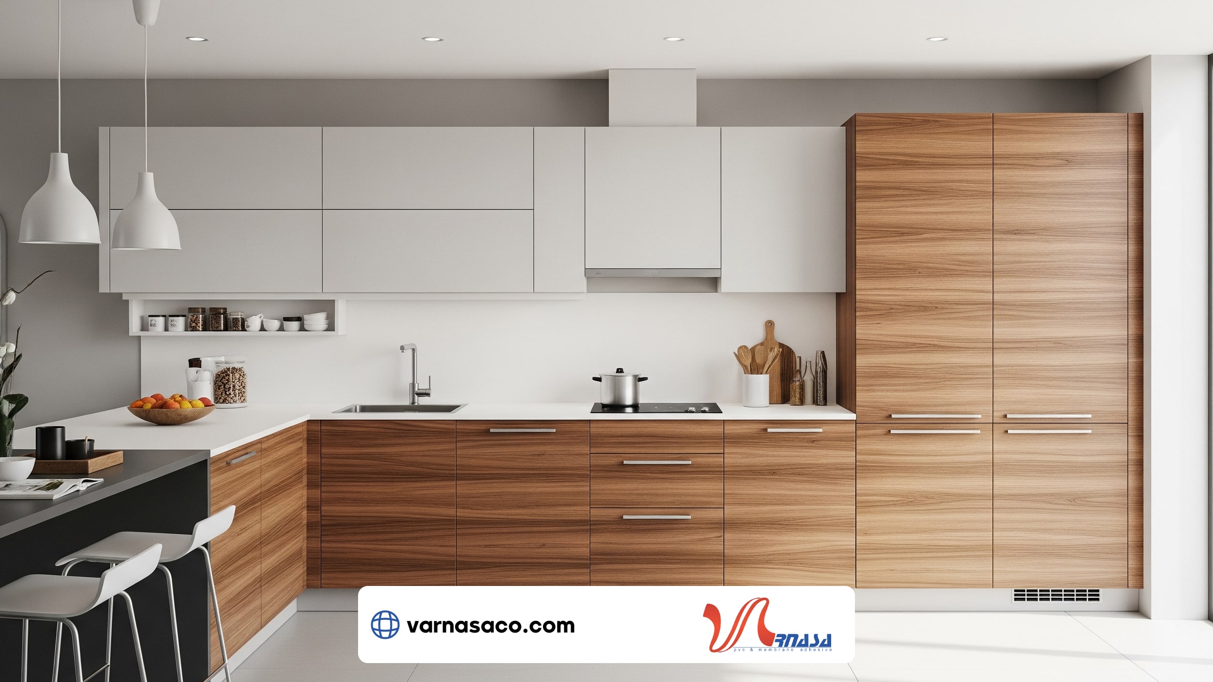کابینت مدرن با روکش چوب و رنگ سفید